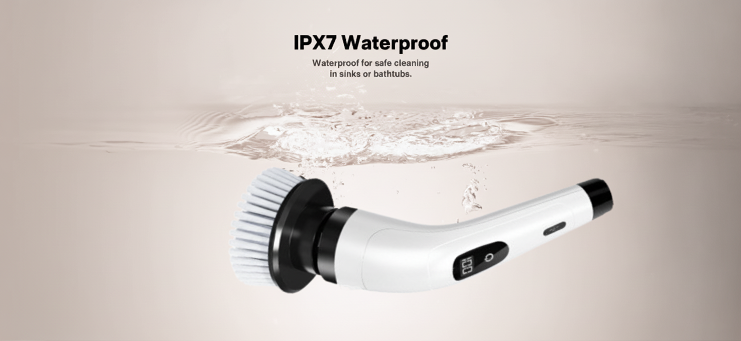 White cleaning brush with black bristles and handle, labeled IPX7 waterproof on a light background.